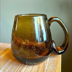 Vintage Hand Blown Amber Glass Mug w Bubbles Large Handle Smooth Pontil Heavy